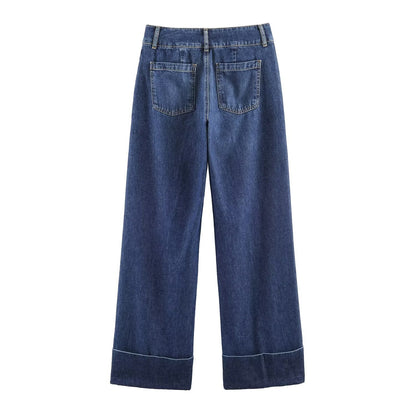 Straight tube loose low waist rolled hem jeans