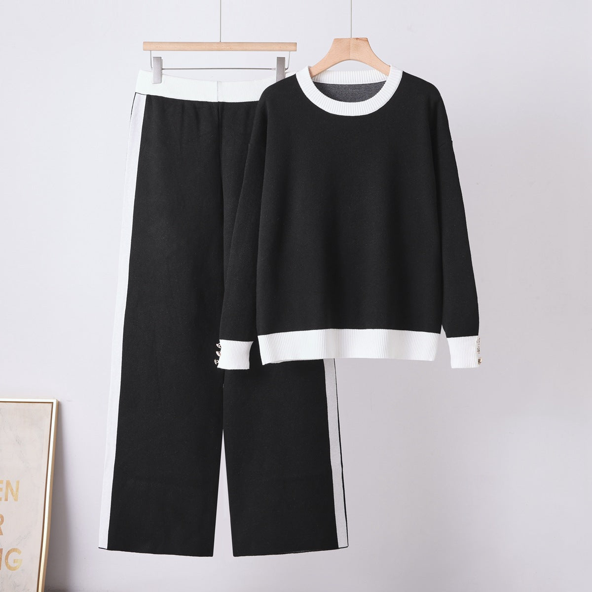 Round Neck Pocket Sweater  Loose Casual Wide-Leg Pants for Women
