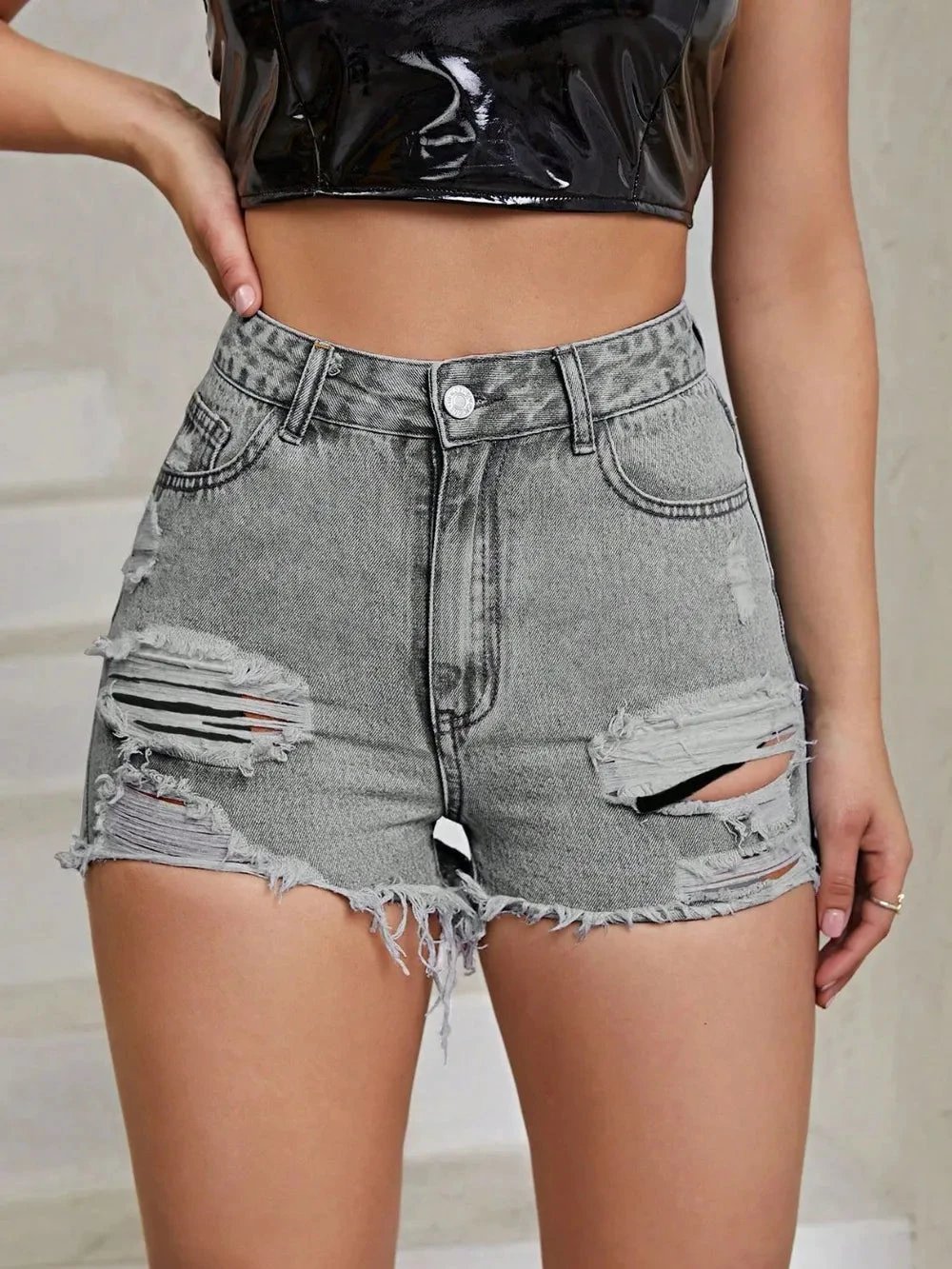 Distressed Raw Hem High Rise Denim Shorts by eprolo