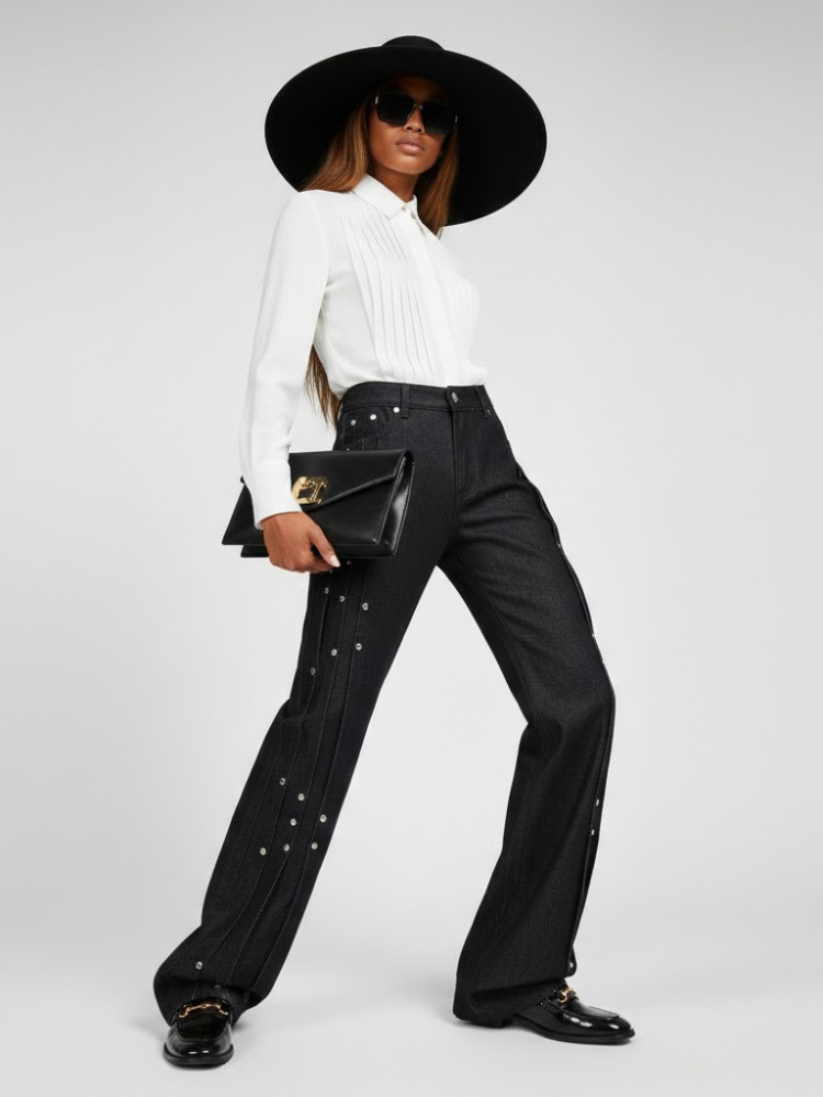Elegant Wide-Leg Denim Trousers with Paneling and Stud Details • BYMANYC ® New York-0