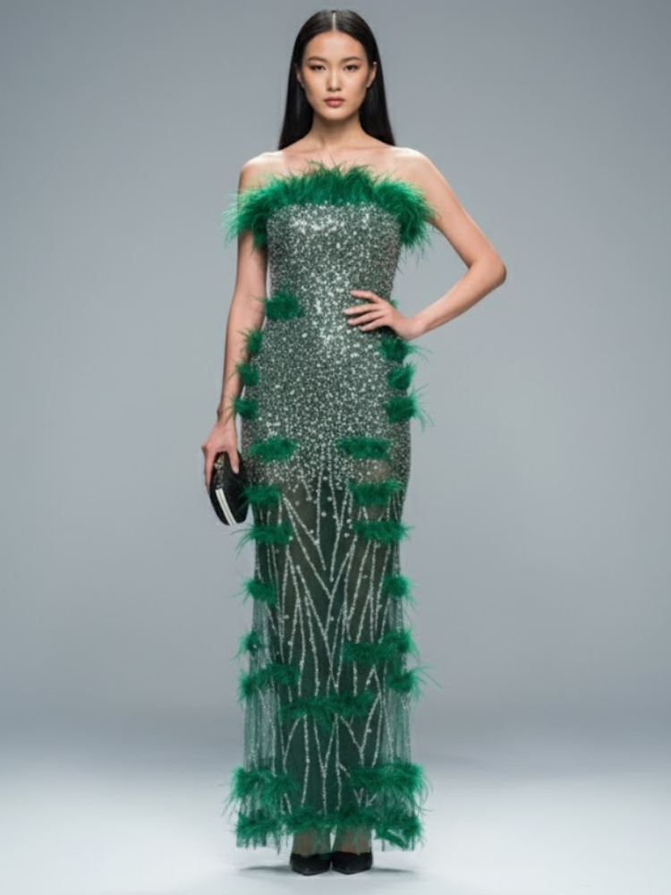 Emerald Sequin and Feather Gala Dress THE BRONX ZOO: Prêt-à-Porter Line BYMANYC ® New York-1