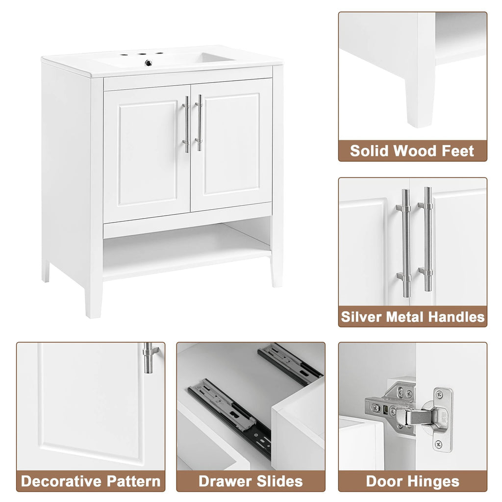 30" Bathroom Vanity with Sink Multi-functional Bathroom Cabinet with Doors and Drawers Solid Frame and MDF Board, White by eprolo