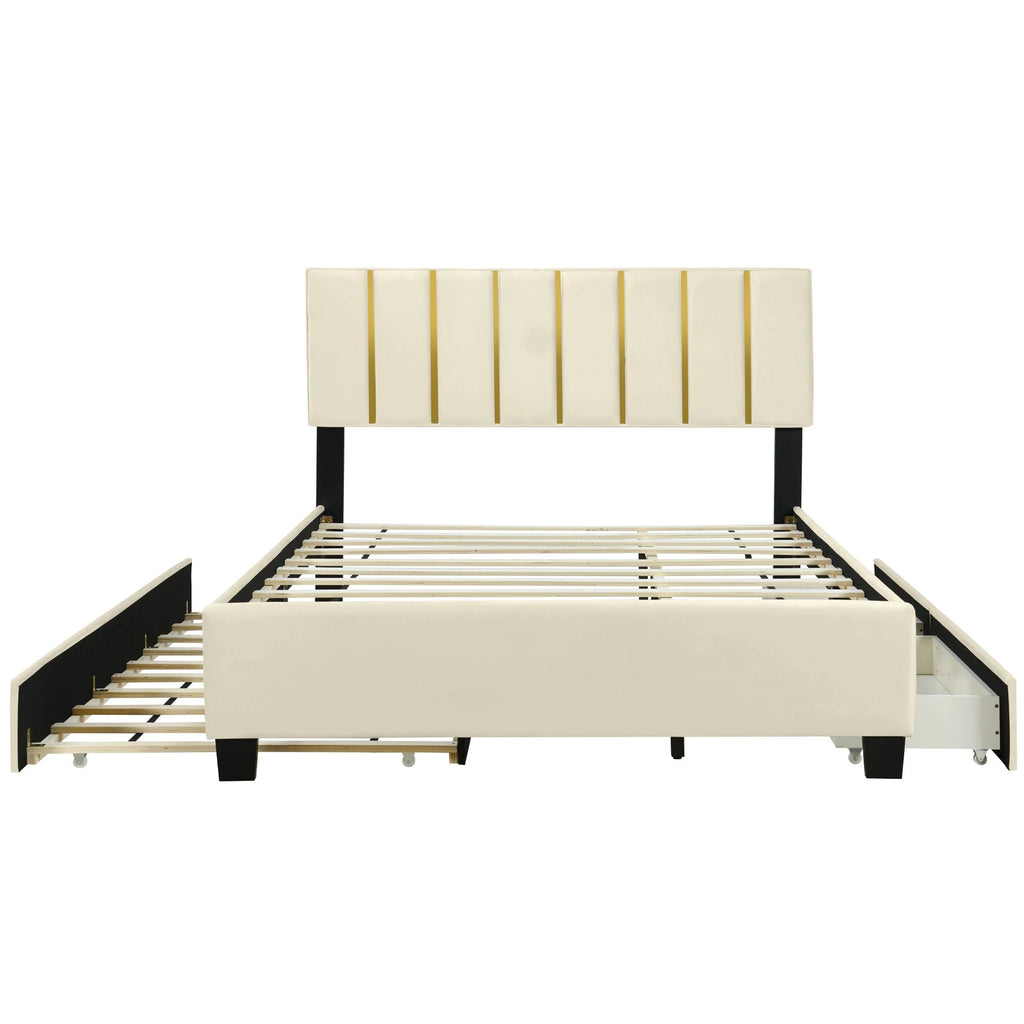 Queen Size Upholstered Platform Bed with 2 Drawers and 1 Trundle, Classic Metal Strip Headboard Design, Beige by eprolo