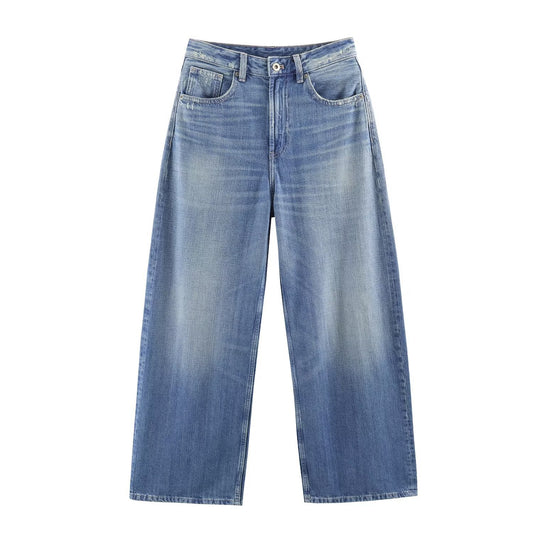 High waisted wide leg leather pocket jeans