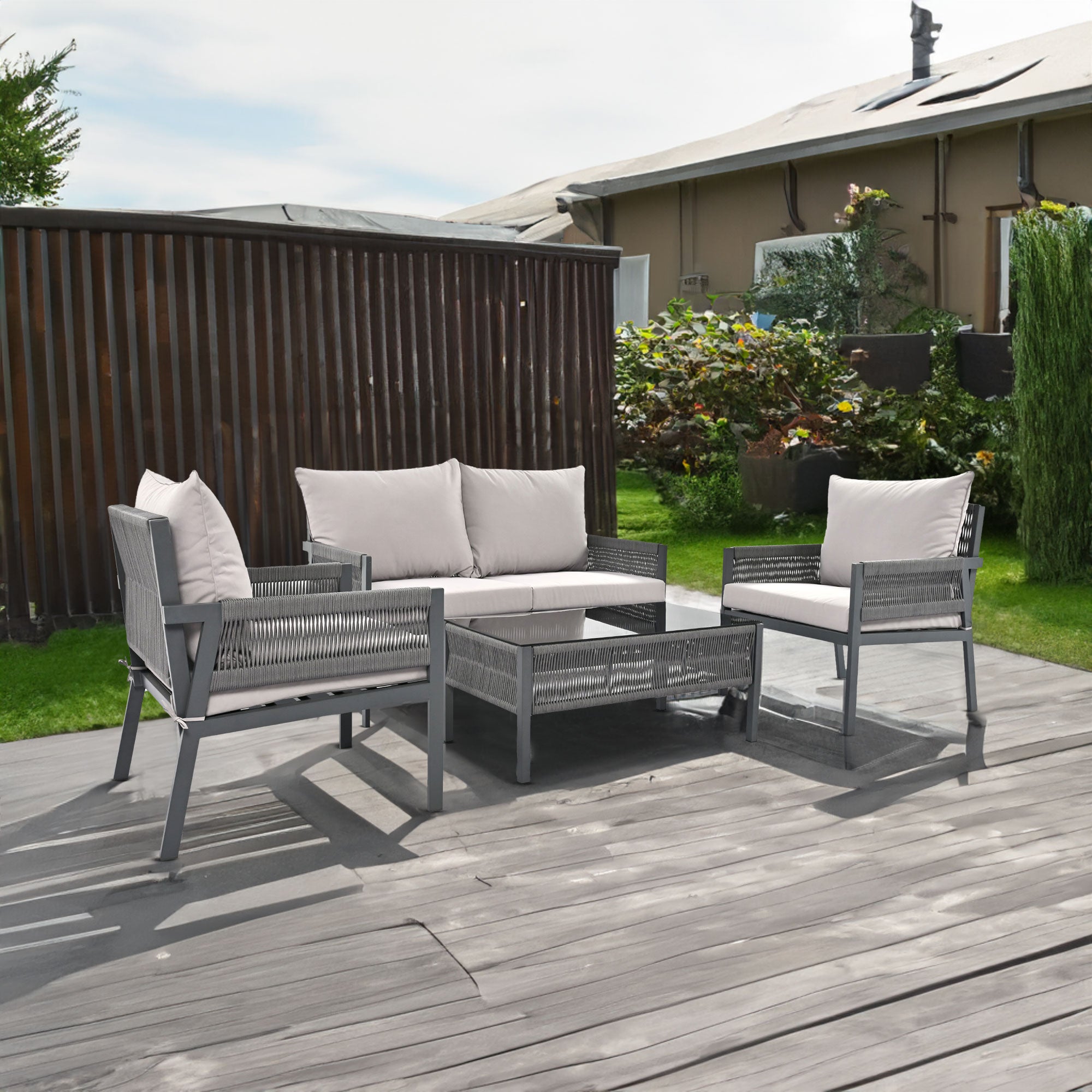 Meubles d'extérieur avec table en verre trempé et sièges profonds avec coussins épais pour jardin, porche, balcon (gris)