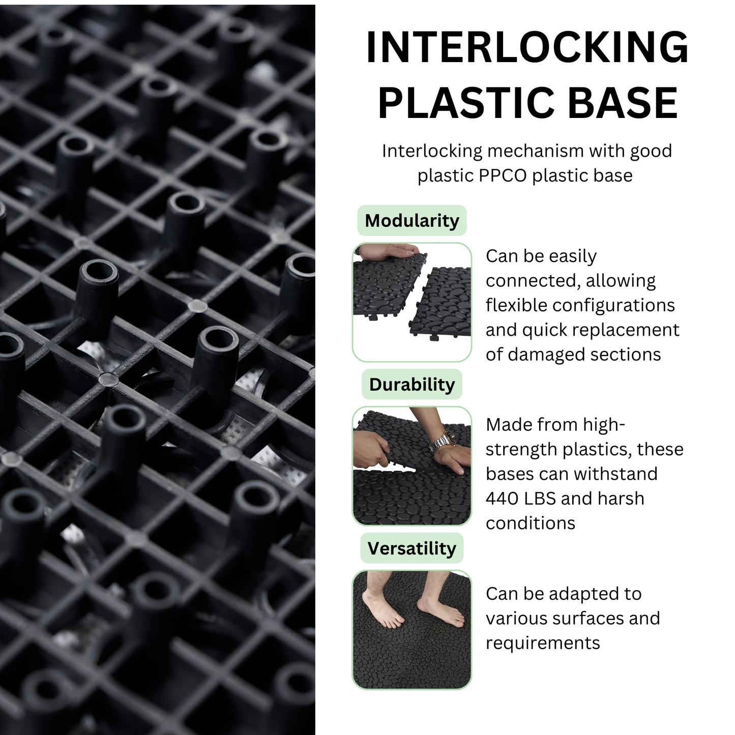 12 x 12 inch black interlocking deck tiles, plastic waterproofing, pebble pattern, pack of 12 by eprolo