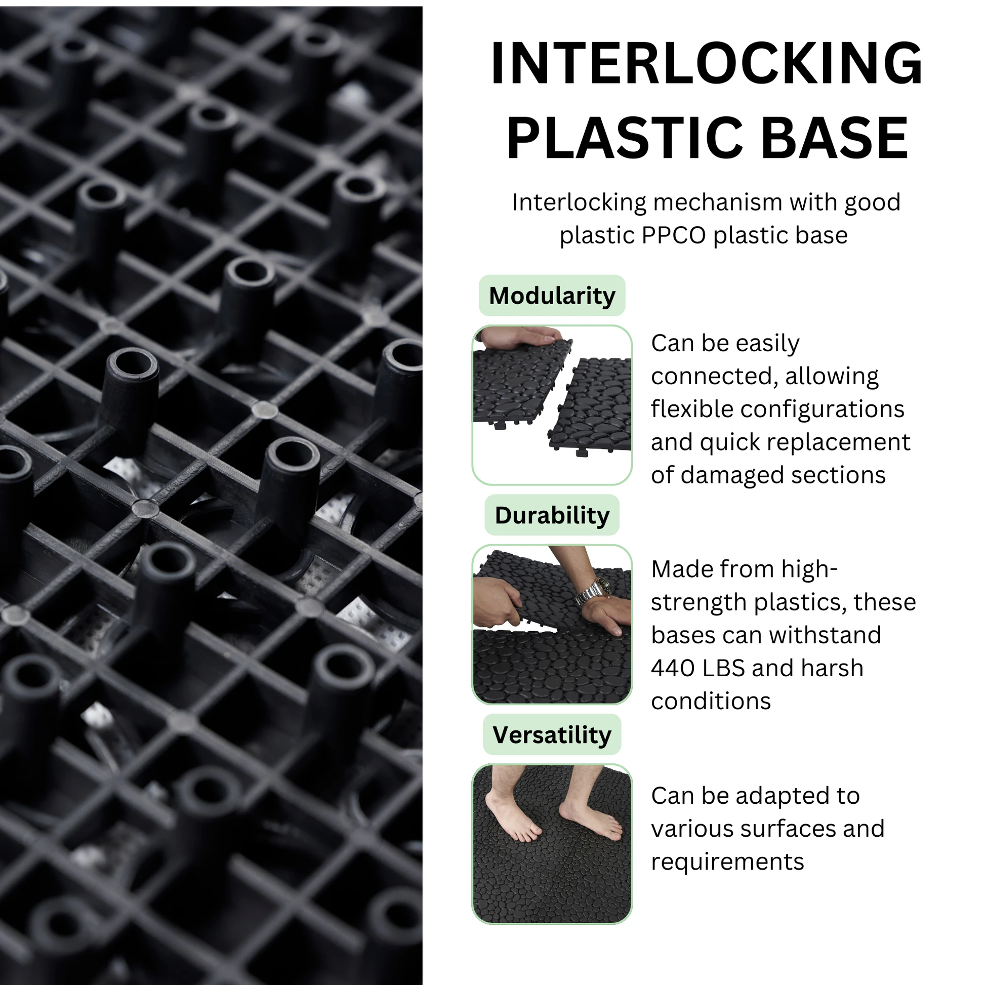12 x 12 inch black interlocking deck tiles, plastic waterproofing, pebble pattern, pack of 12 by eprolo