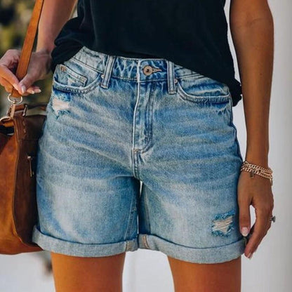 Fashion Street Style Rolled Hem Distressed Straight Leg Women's Denim Shorts by eprolo