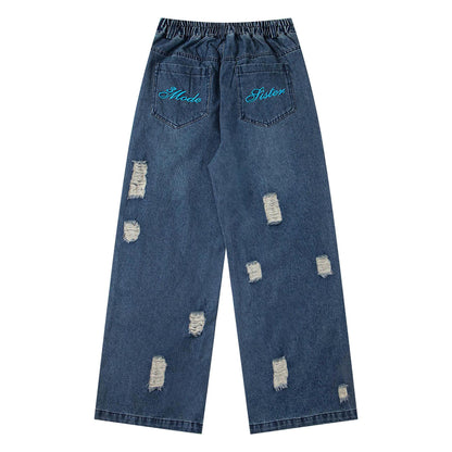 Jeans usés à broderies de dessins animés