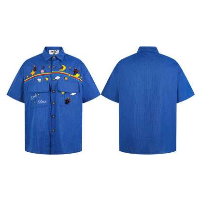 Rainbow cat embroidered short sleeved shirt