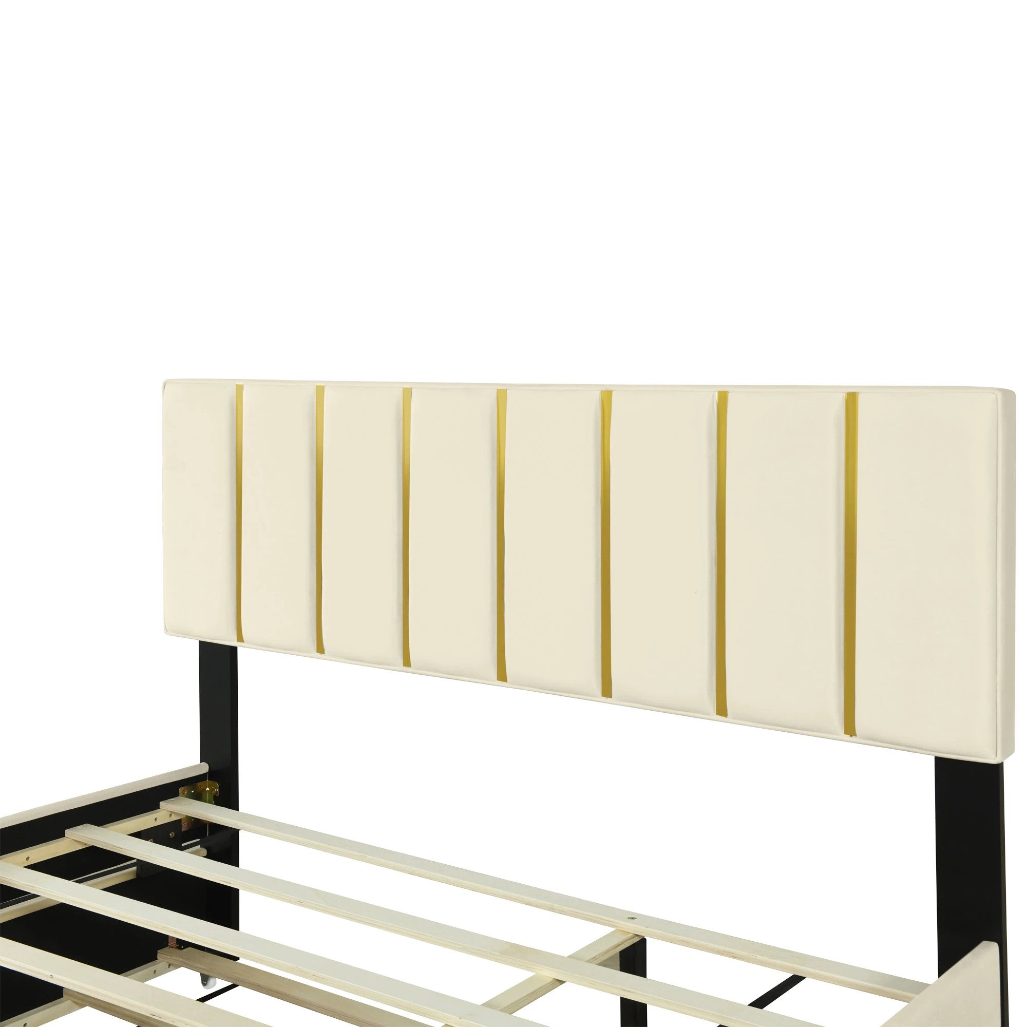 Queen Size Upholstered Platform Bed with 2 Drawers and 1 Trundle, Classic Metal Strip Headboard Design, Beige by eprolo