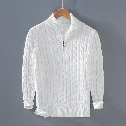 Men's white thickened coarse-knit cable-knit mock-neck zipper pullover sweater