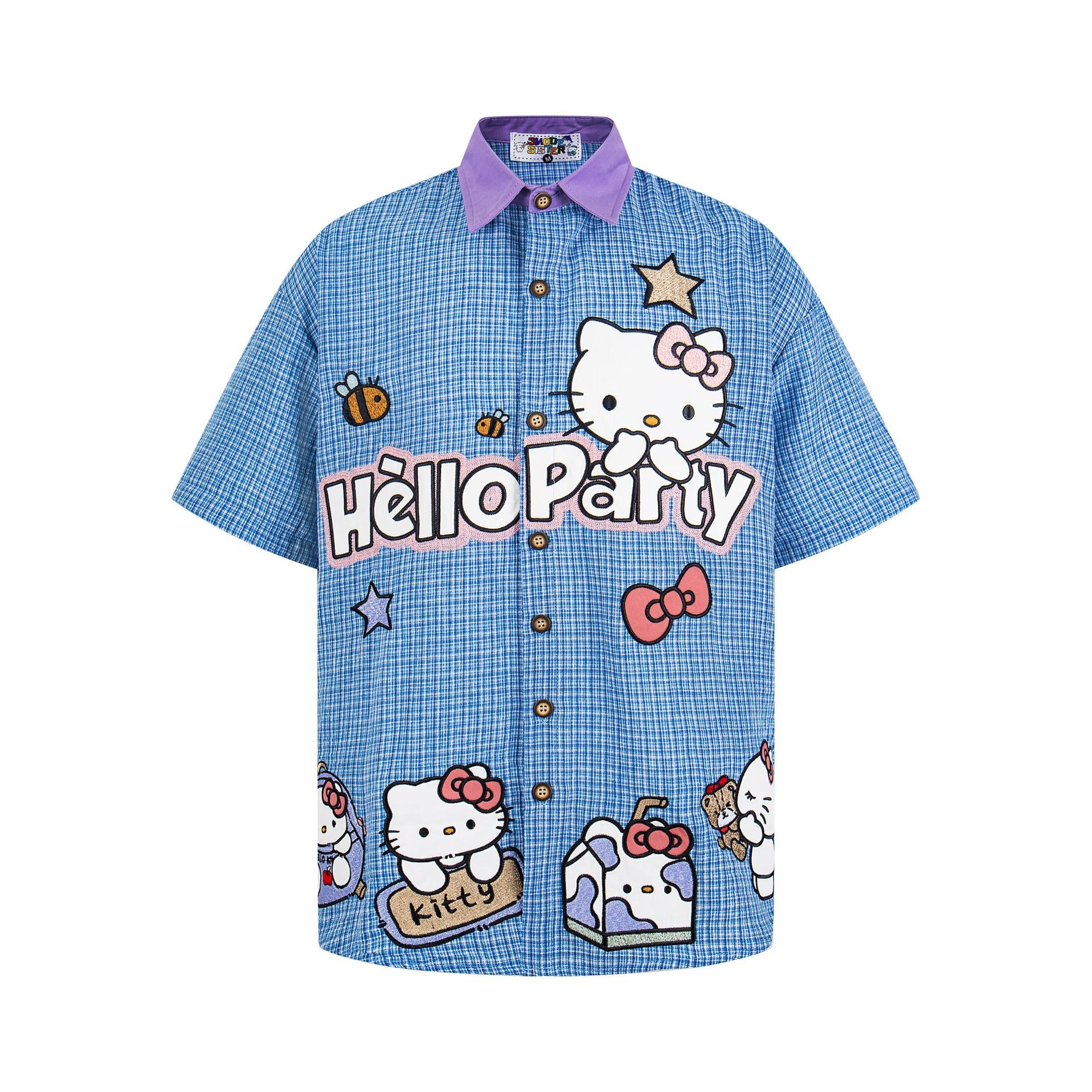 Chemise brodée avec blocs de couleur thème « Fête des chats »