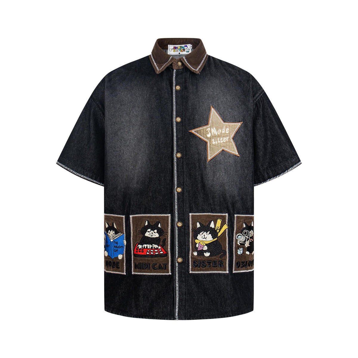 Cat Embroidered Cowboy Short Sleeve
