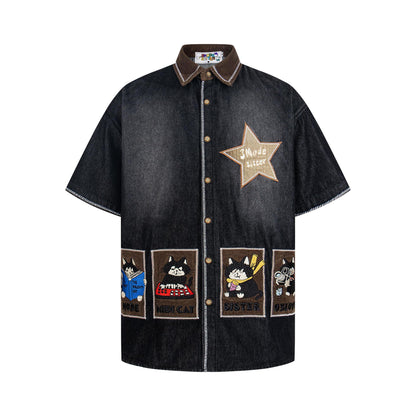 Cat Embroidered Cowboy Short Sleeve