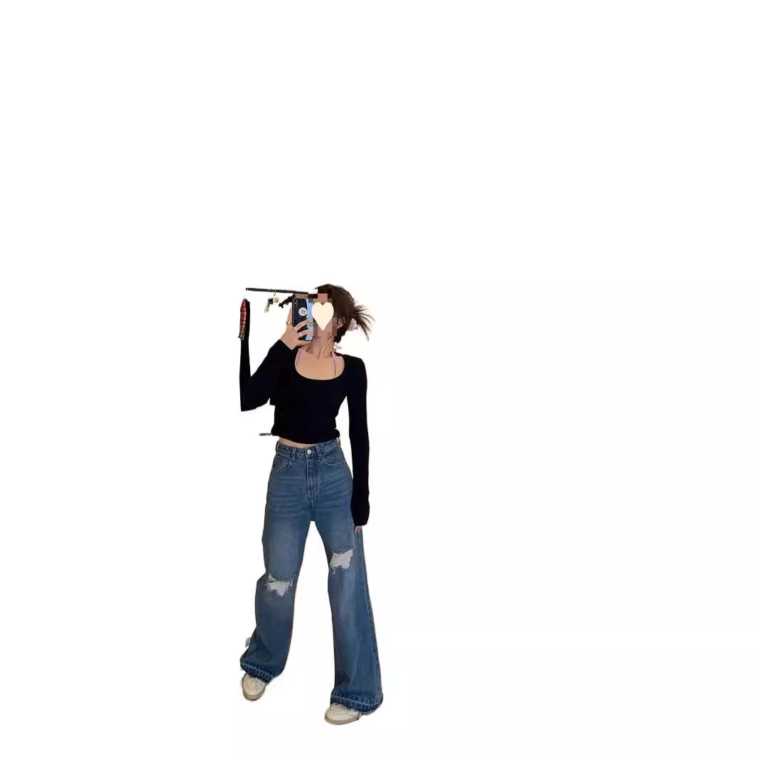 Layered Ripped Wide-Leg Jeans Women Spring New Long Pants