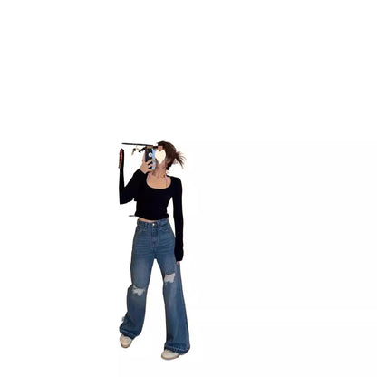 Layered Ripped Wide-Leg Jeans Women Spring New Long Pants