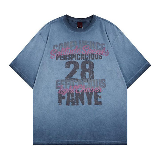 Washed gradient letter graffiti printed short sleeved shirt