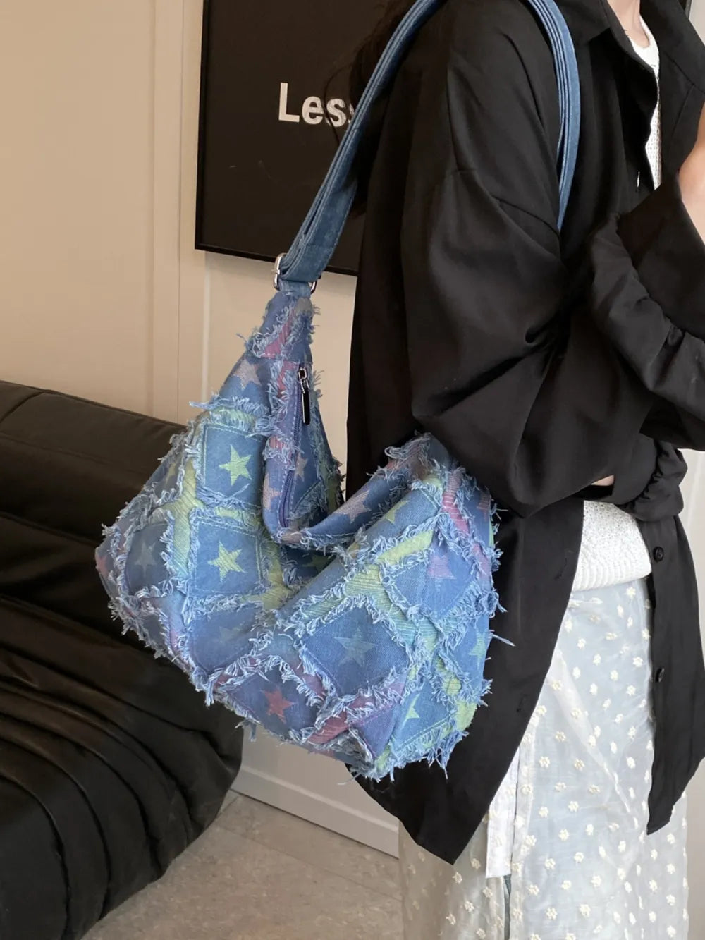 Sac bandoulière en denim à ourlet brut