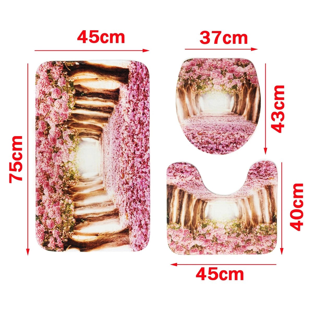 Arrivals Europe Pink Sakura Tree Pattern Bathroom Four-piece Suit,Shower Curtain Bathroom Pedestal Rug Lid Toilet Cover Bath Mat Set by eprolo
