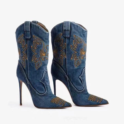 Western cowboy style high heels, pointed high heels, embroidered short tube, slim and sexy knight boots, fashion boots for women by eprolo