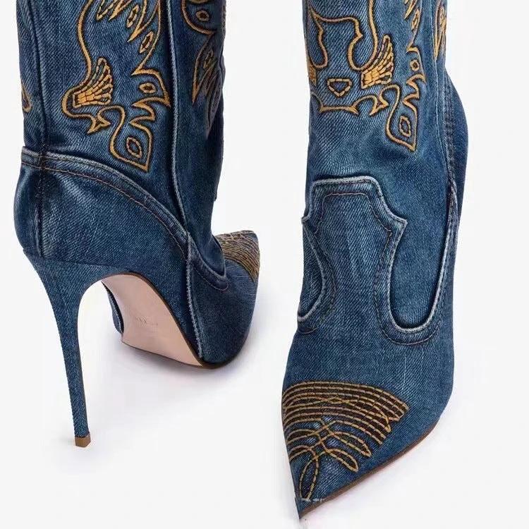 Western cowboy style high heels, pointed high heels, embroidered short tube, slim and sexy knight boots, fashion boots for women by eprolo