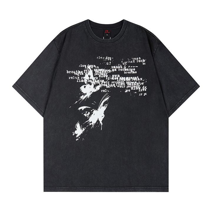 Washed butterfly printed short sleeved T-shirt