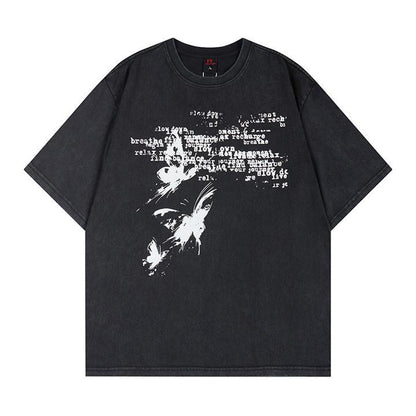 T-shirt lavé à manches courtes imprimé papillon