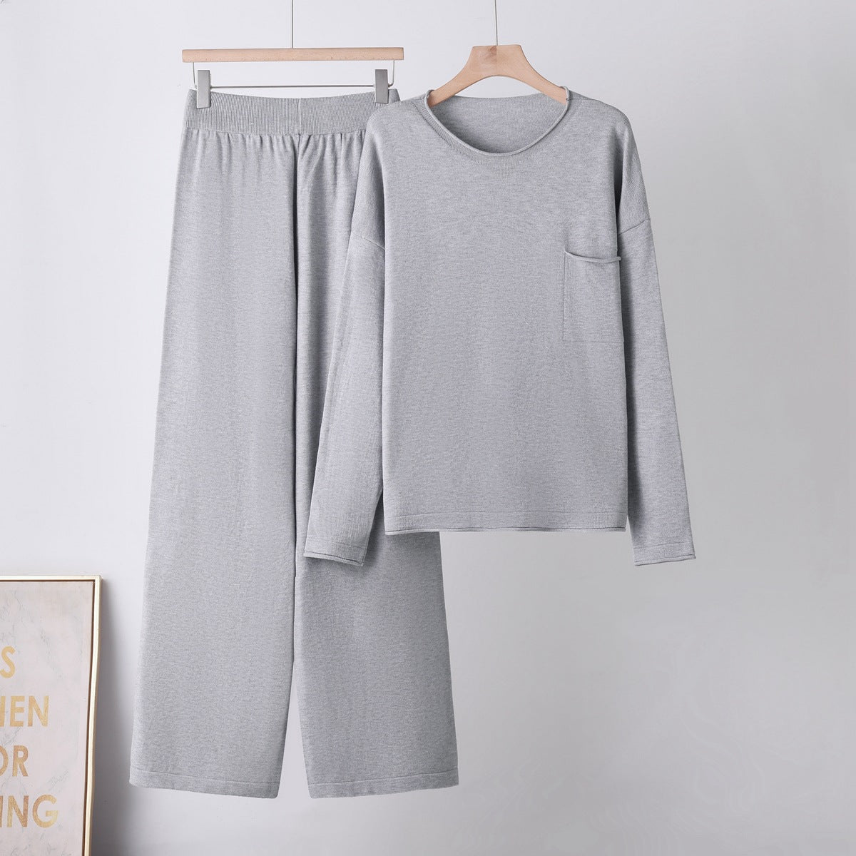 Round Neck Pocket Sweater  Loose Casual Wide-Leg Pants for Women