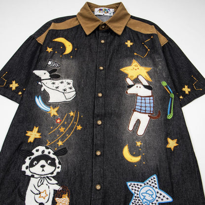 Dog embroidered denim short sleeved shirt