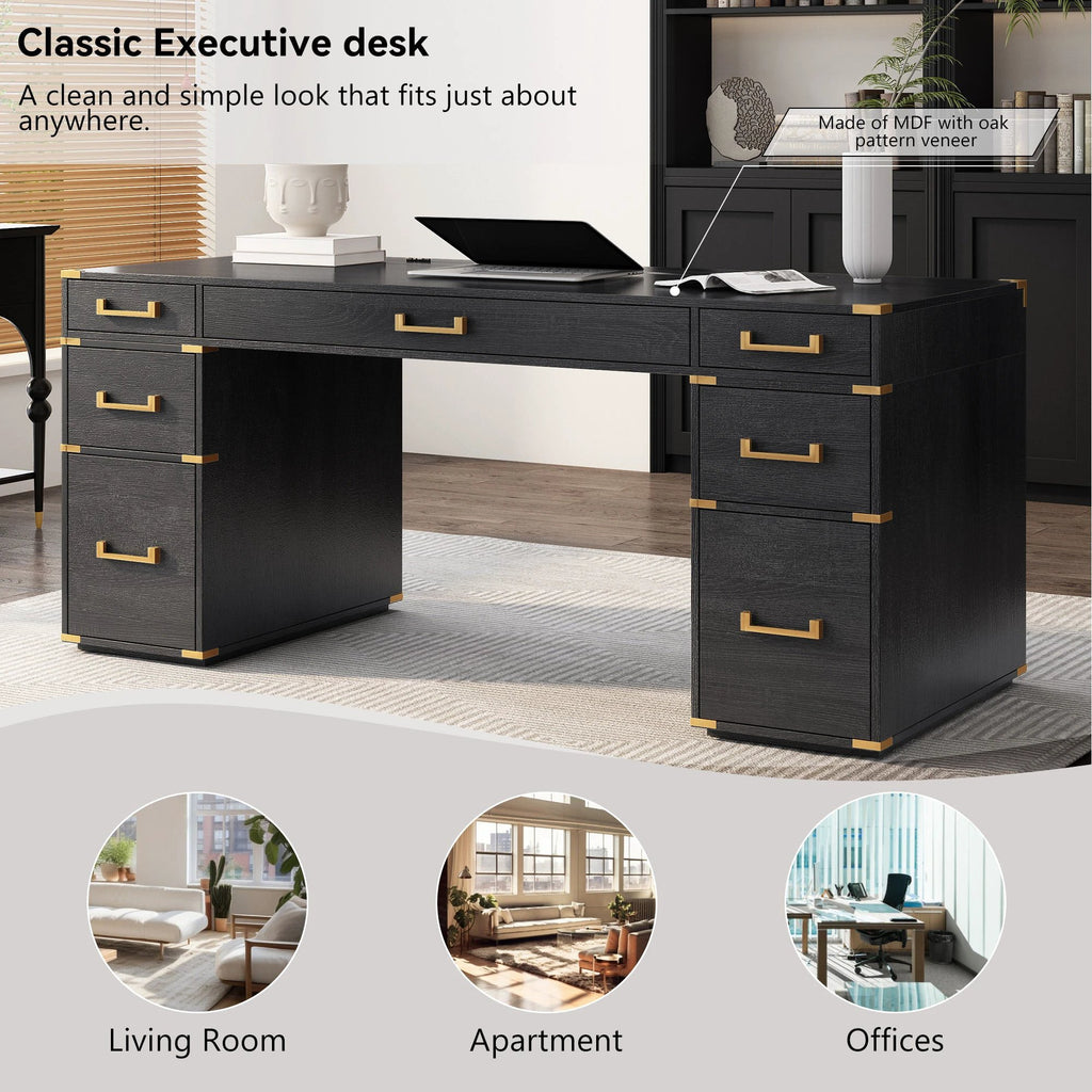 70 inch classic and traditional executive desk with metal trim, writing desk with 2 file drawers, USB ports, and sockets, black by eprolo