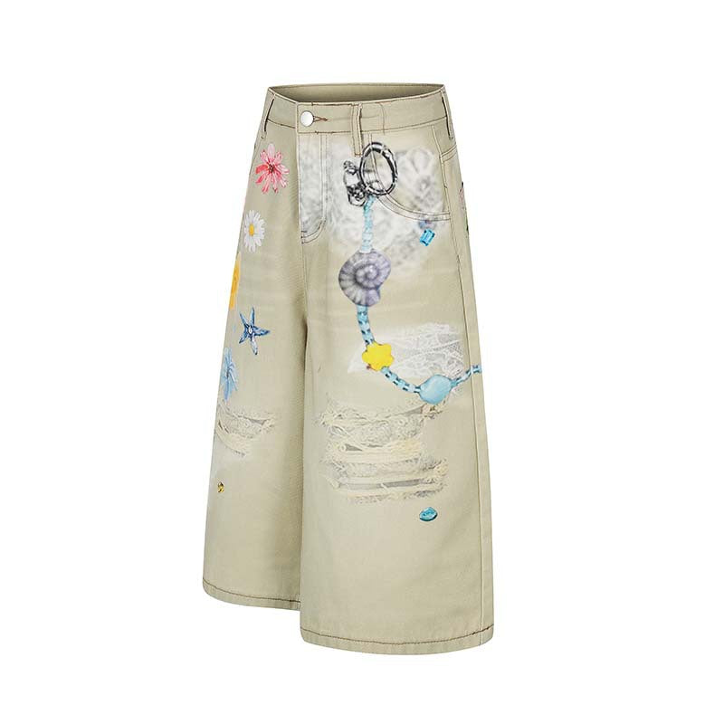 Flower Hanging Decoration 3D Digital Printing Washed Denim Cropped Pants