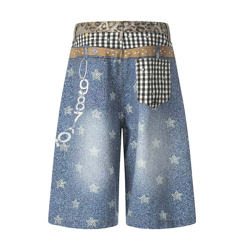 Star 3D digital printed washed denim cropped pants