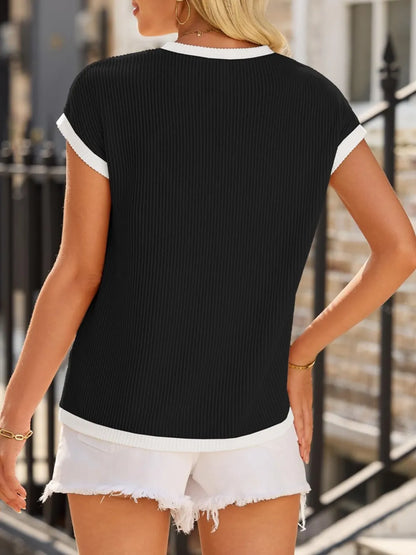 Women's short sleeved T-shirt basic ribbed knit T-shirt