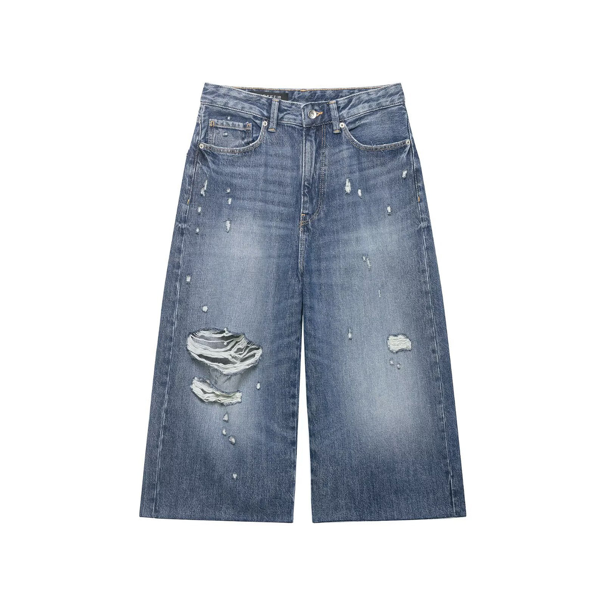 Broken hole decoration mid waist denim casual shorts
