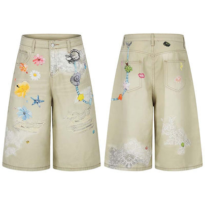 Flower Hanging Decoration 3D Digital Printing Washed Denim Cropped Pants