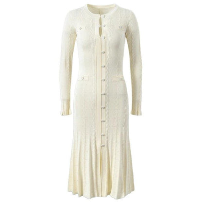 Chic Long Sleeve Knit Dress with Side Split, Waist-Cinching Slim Fit, Floor-Length Skirt by eprolo