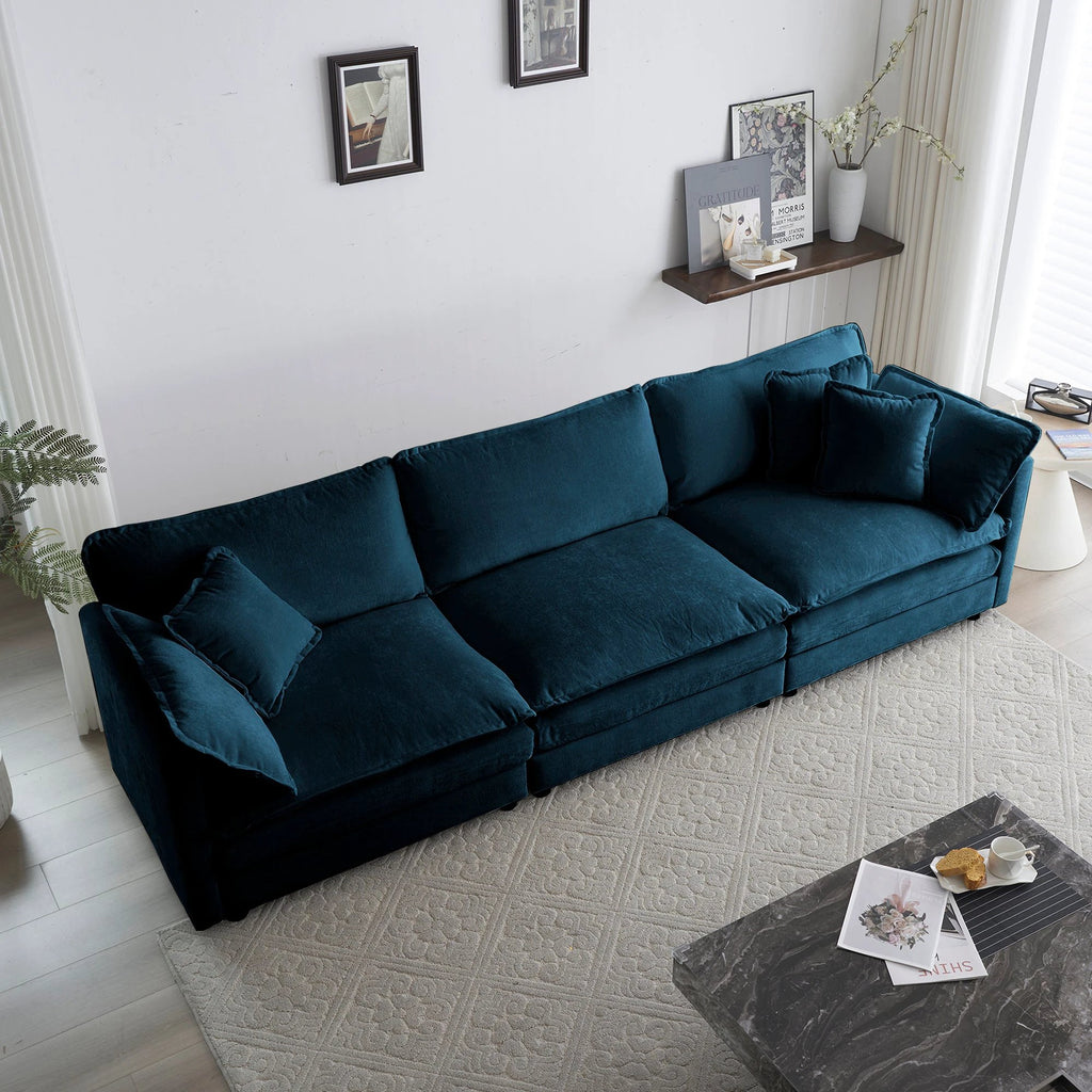 Mid-Century Modern Couch 3-Seater Sofa with 2 Armrest Pillows and 3 Toss Pillows, Couch for Living Room Blue Chenille by eprolo