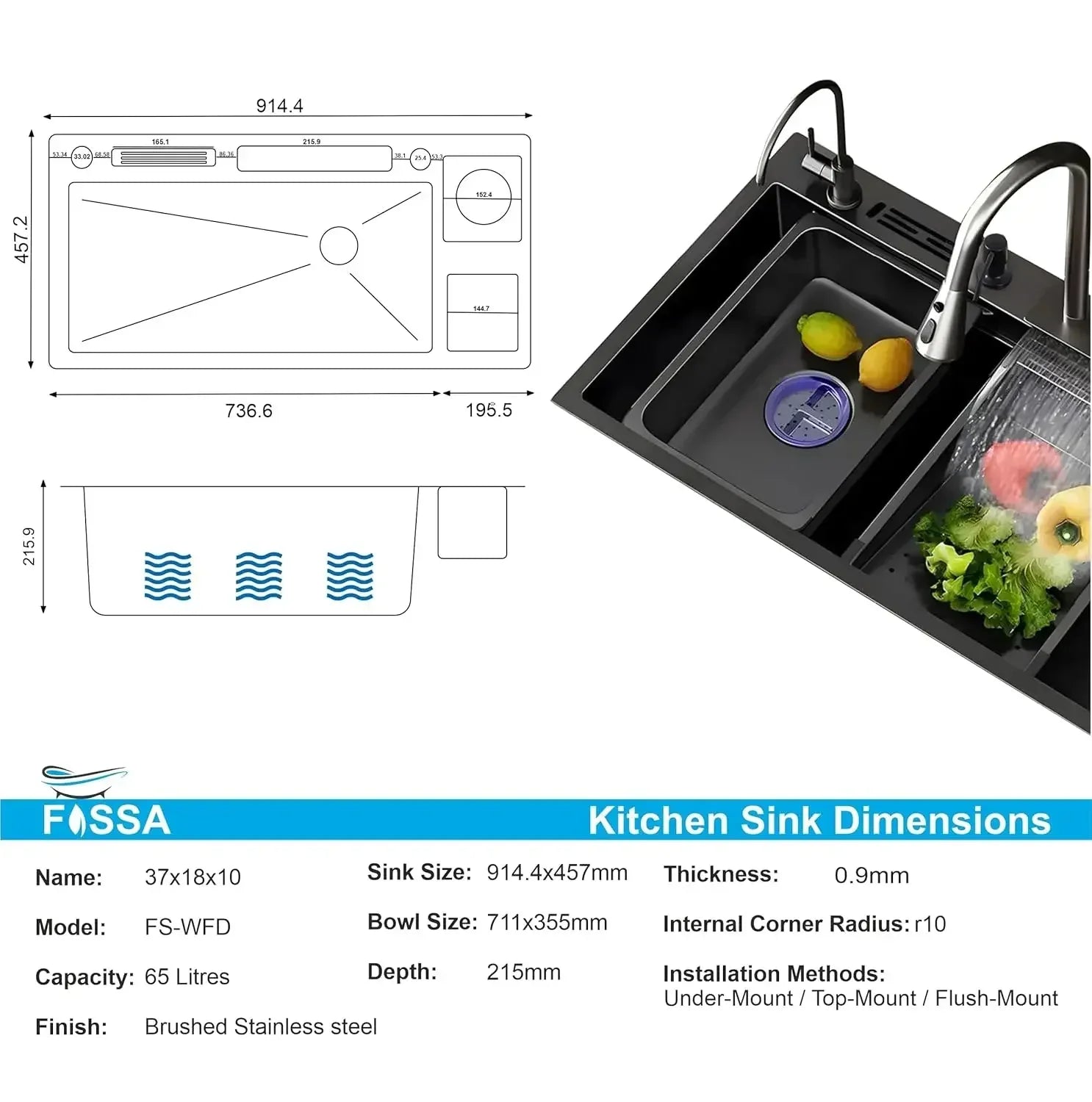 (37x 18 x 10) Inch Premium Waterfall Dustbin Honeycomb  Kitchen Sink Black-1