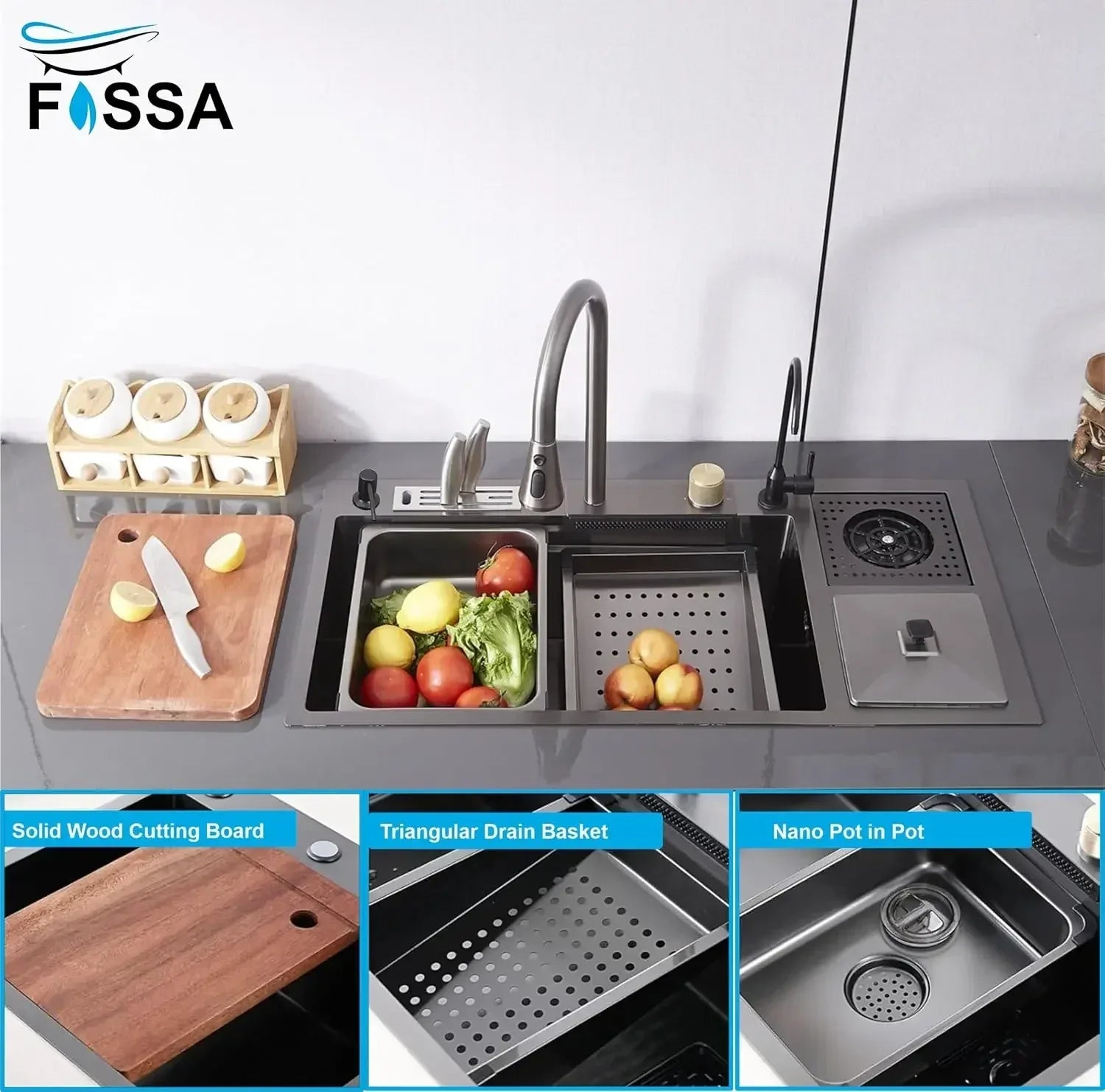 37x18 Inch Black 304 Stainless Steel Waterfall Honeycomb Kitchen Sink-4