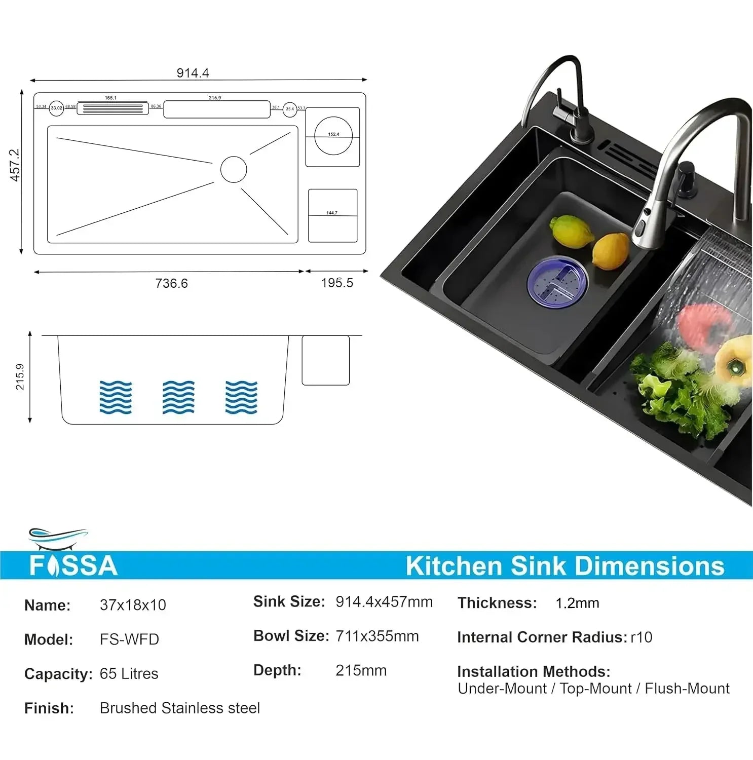 37x18 Inch Black 304 Stainless Steel Waterfall Honeycomb Kitchen Sink-1