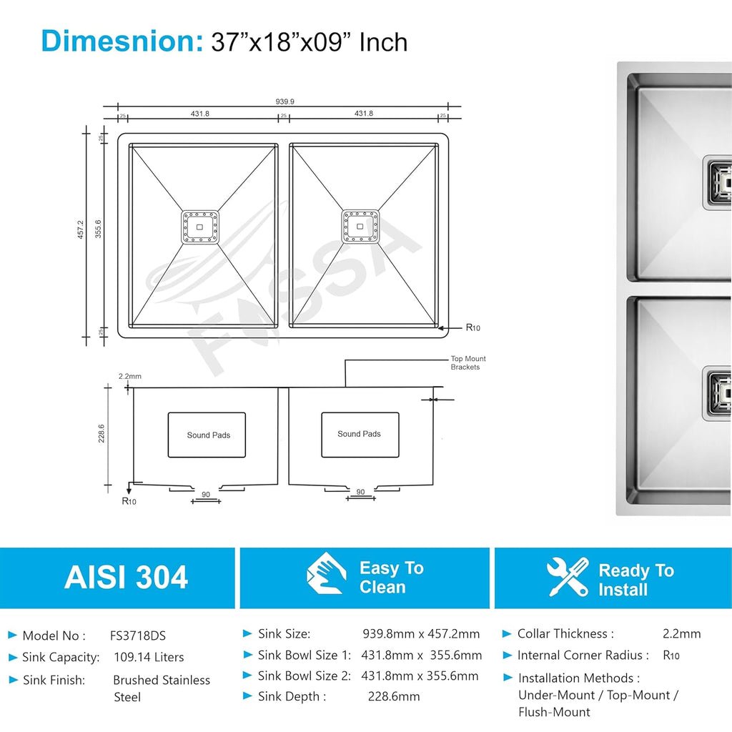 Aqua 304 Grade Handmade 37"x18"x09" Inch SS  Double Bowl Square Coupling Silver Kitchen Sink-1