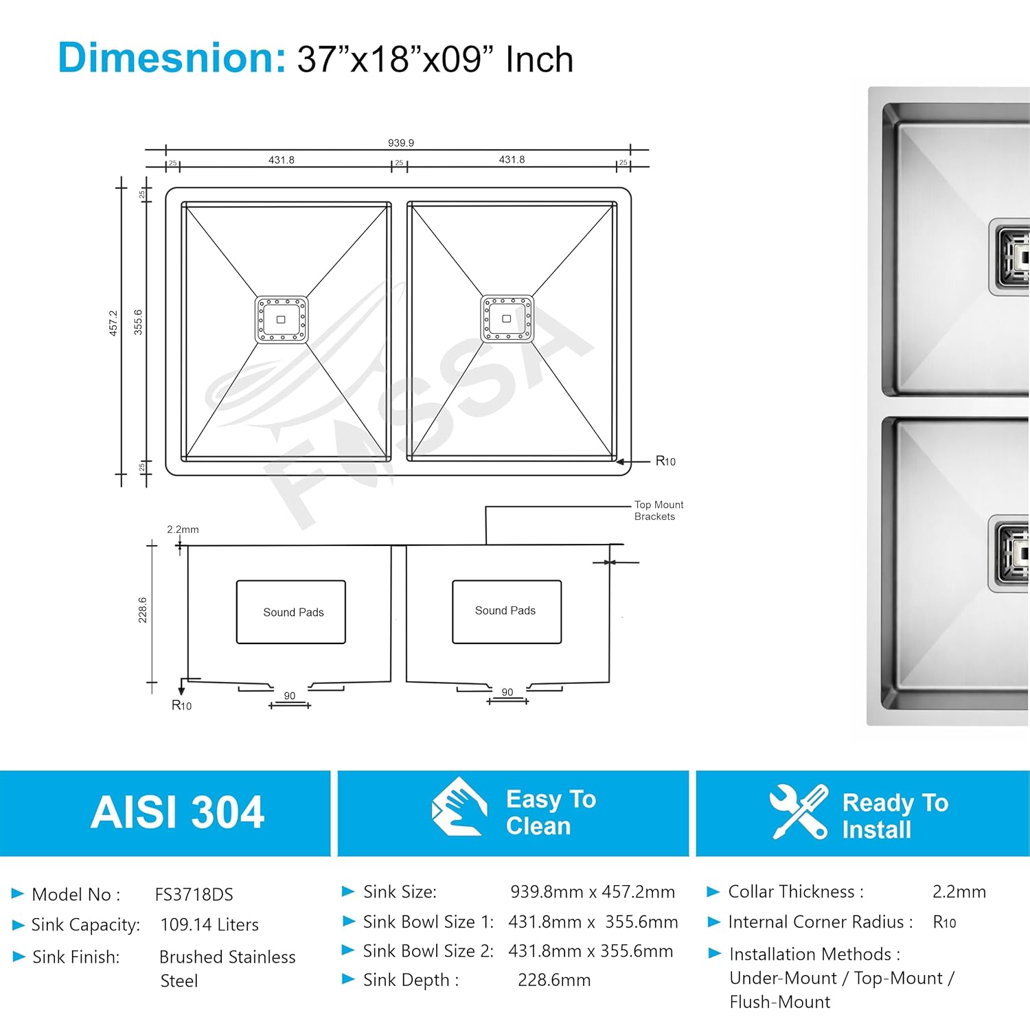 Aqua 304 Grade Handmade 37"x18"x09" Inch SS  Double Bowl Square Coupling Silver Kitchen Sink-1