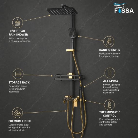 Fossa Aspire Shower Black Gold Wall Mounted 4-Function Brass-4