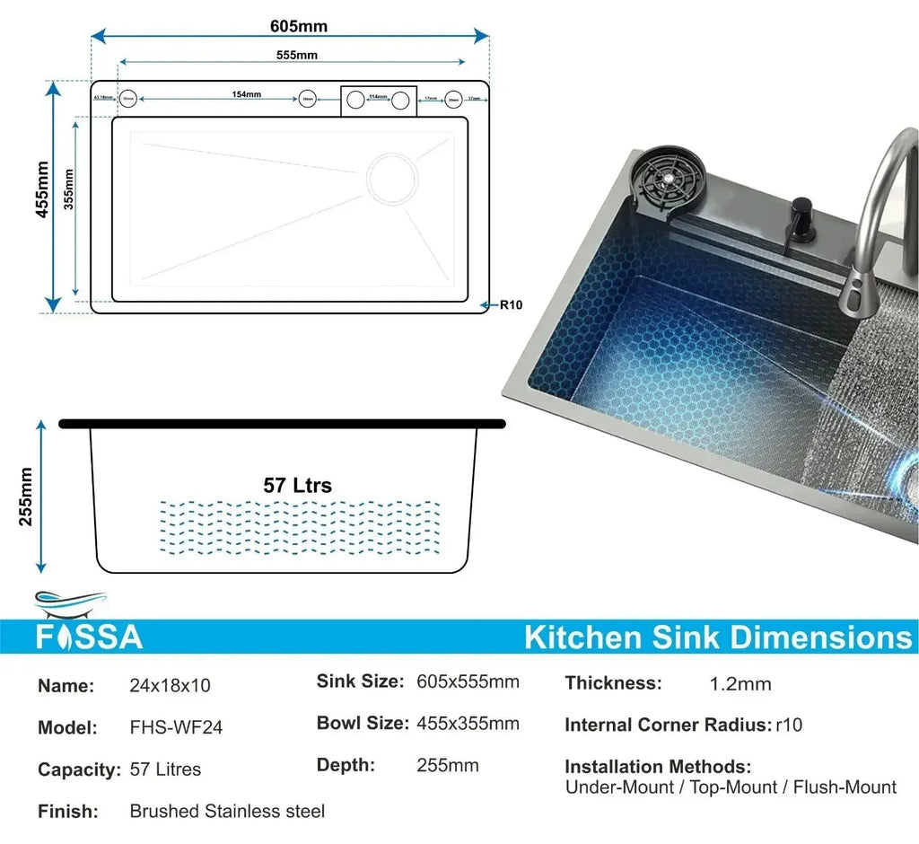 Smart Waterfall  (24 x 18 x 10 ) 304 Stainless Steel Kitchen Sink Black-1