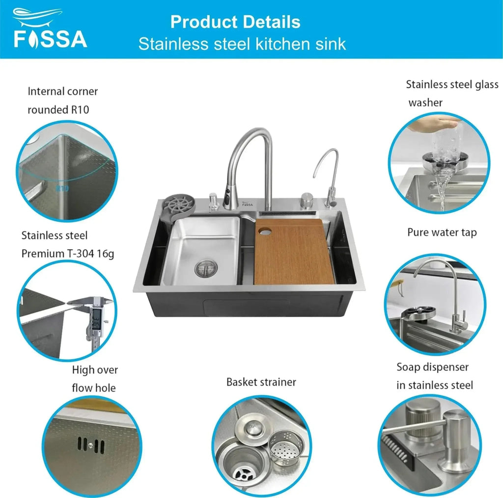Smart Waterfall (24 x 18 x 9) Inch 304 Stainless Steel Kitchen Sink Silver-4