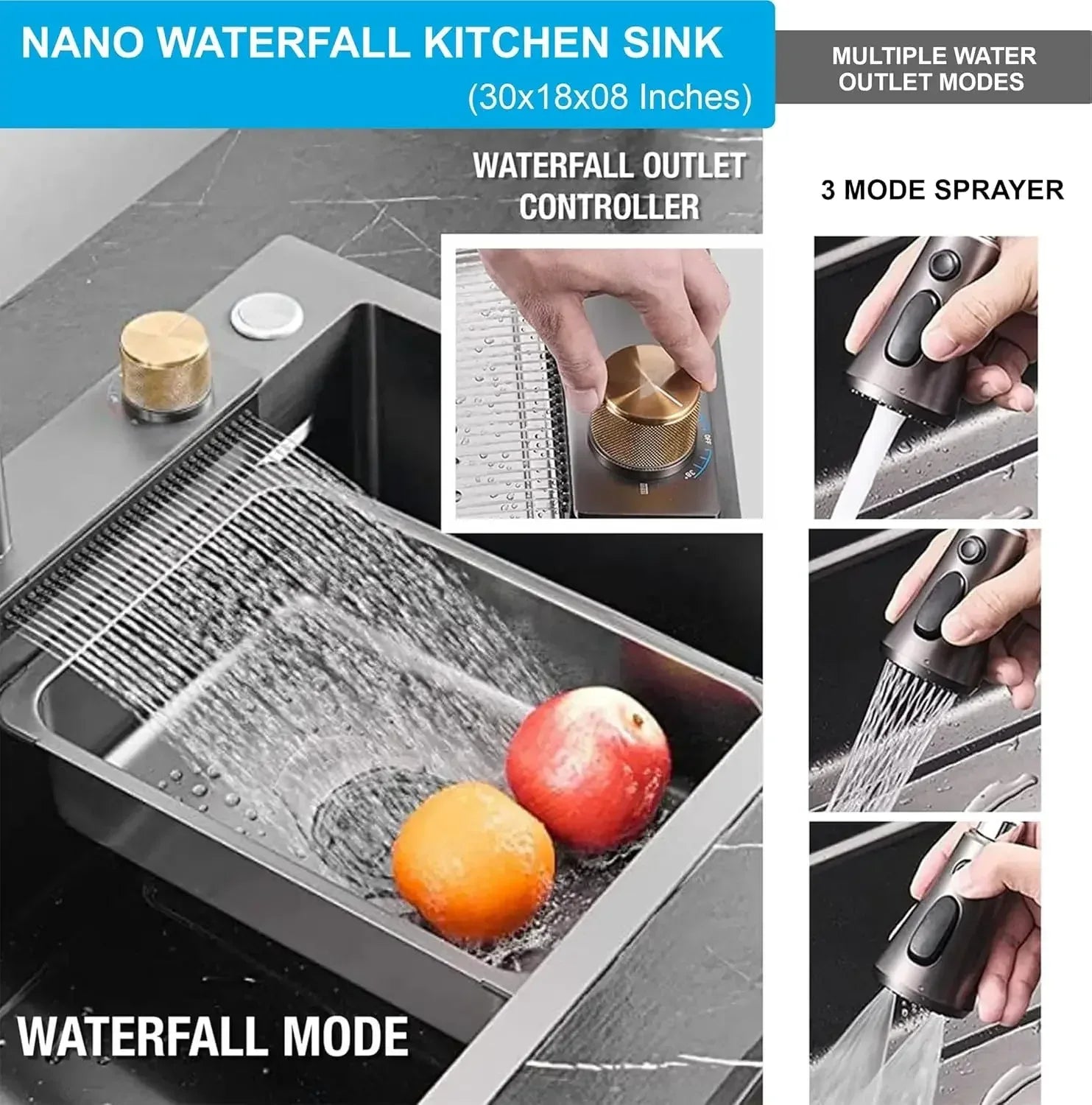 Smart Waterfall (30 x18 x 9) Inch Premium Stainless Steel  Kitchen Sink Grey-4