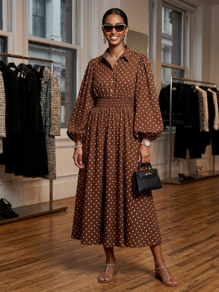 Gemini ha dicho Brown Polka Dot Shirt Dress TRIBECA New Collection FASHION BYMANYC ® New York-0