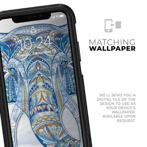 Geometric Sacred Elephant skin kit for iPhone OtterBox cases in blue tones, PrimeCanada.Store