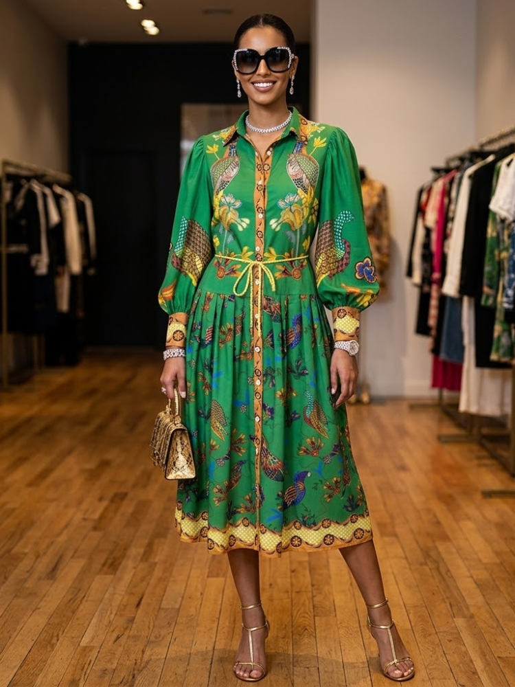 Green Printed Boho Shirt Dress TRIBECA New Collection FASHION BYMANYC ® New York-0